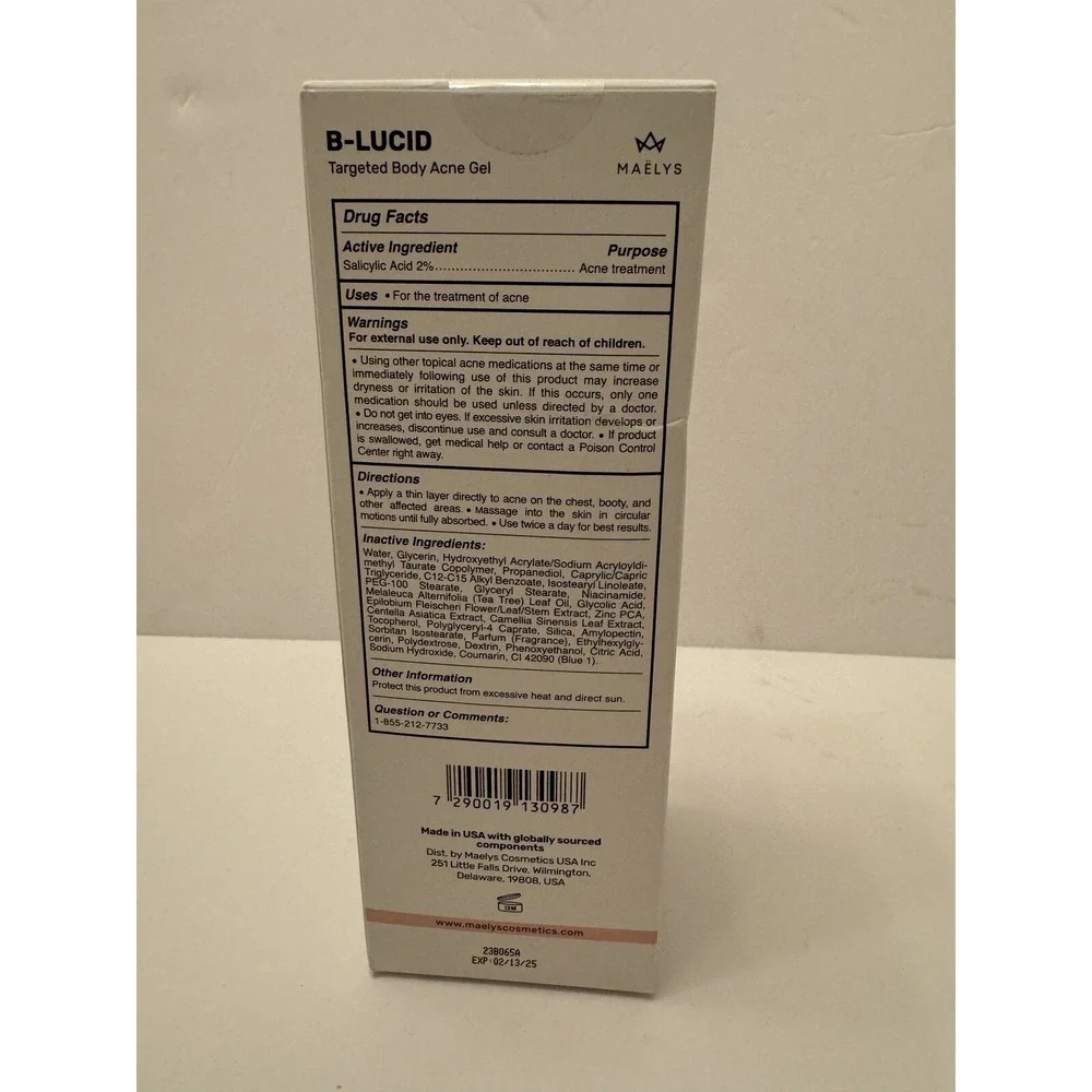 Maelys Cosmetics B-LUCID Targeted Body Acne Gel,‎ NIB Exp 2/13/25